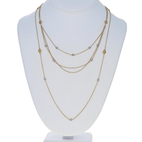 Yellow Gold Diamond Multistrand Necklace - 14k Round .12ctw Station Adjustable - Picture 3 of 6